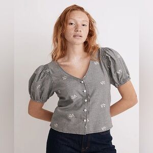 Madewell | Embroidered Flannel Bubble-Sleeve Crop Shirt